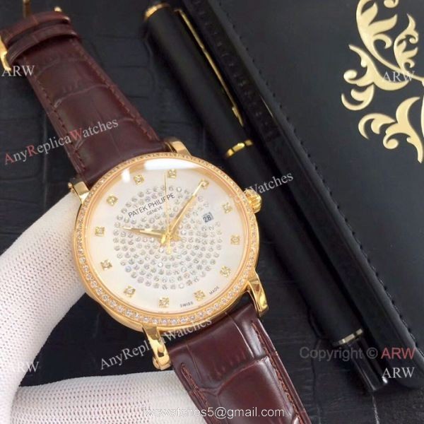 Patek Philippe Calatrava Diamond Watch SS Black Leather Band 2