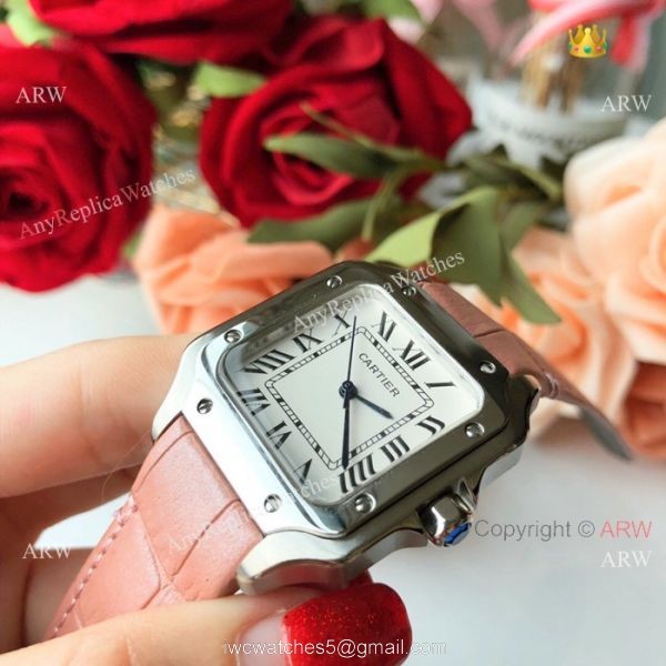 New Style Santos Cartier Watch Lady Pink Leather Strap 2