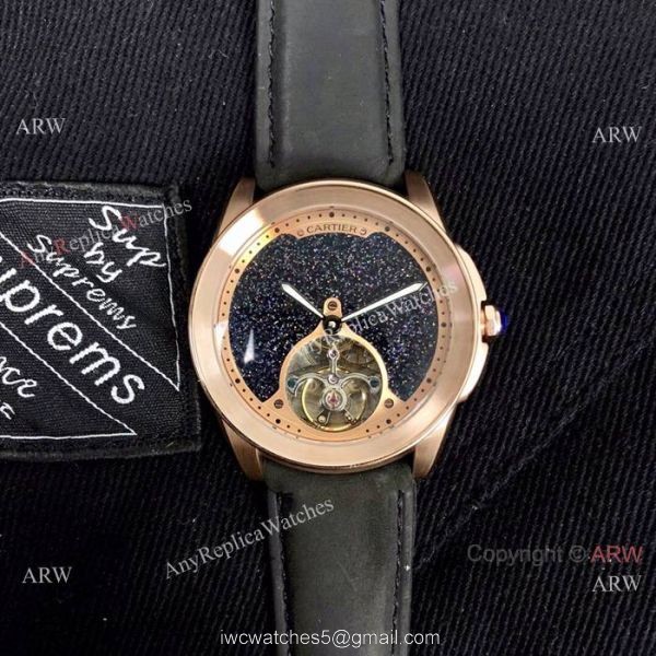 New Copy Calibre de Cartier Tourbillon watch Black Leather Band 2