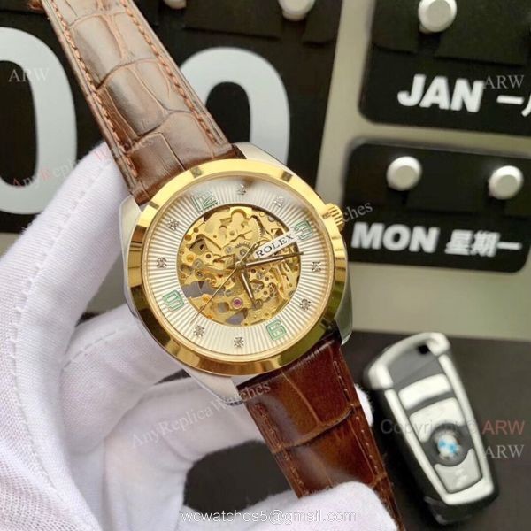 Rolex Geneve Cellini Replica Watch Tourbilln Face Brown Leather Strap 2