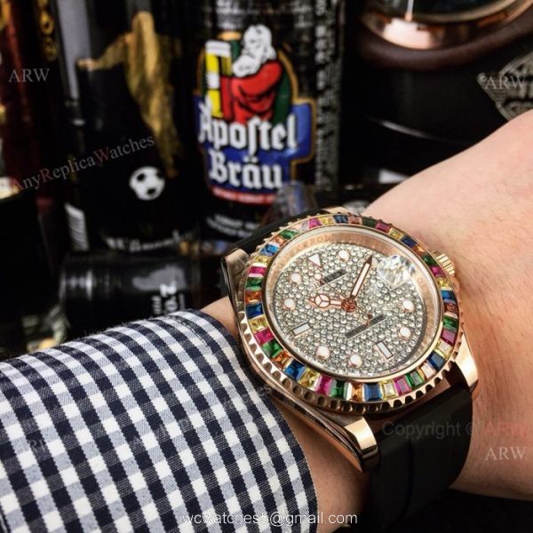 Rolex Yachtmaster Rose Gold Replica Watch Diamond Pave Dial Rainbow Bezel 116695 2