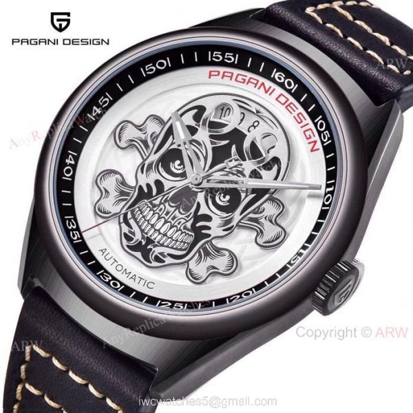 Pagani Design PVD Black Steel Watch White Skull Face 2
