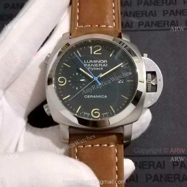 Copy Panerai Luminor FLYBACK SS Brown Leather Band Watch PAM524 2
