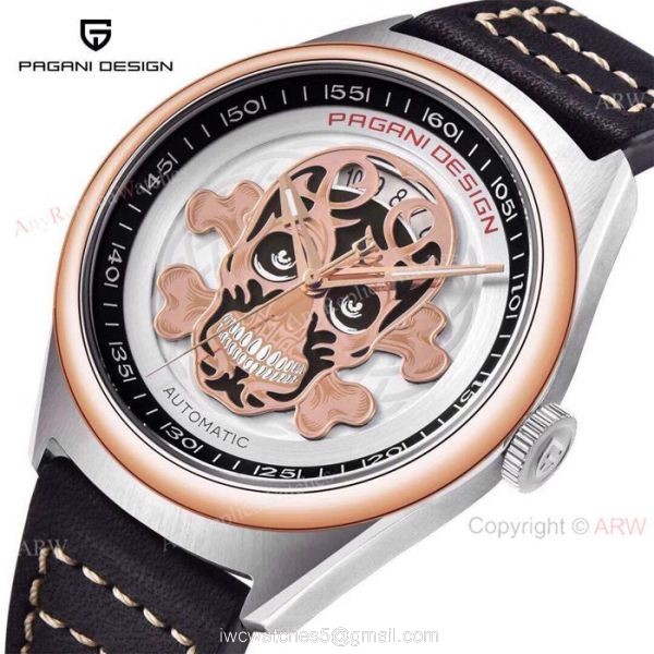 Replica Pagani Design Rose Gold Bezel Skeleton Skull Face Watch 2