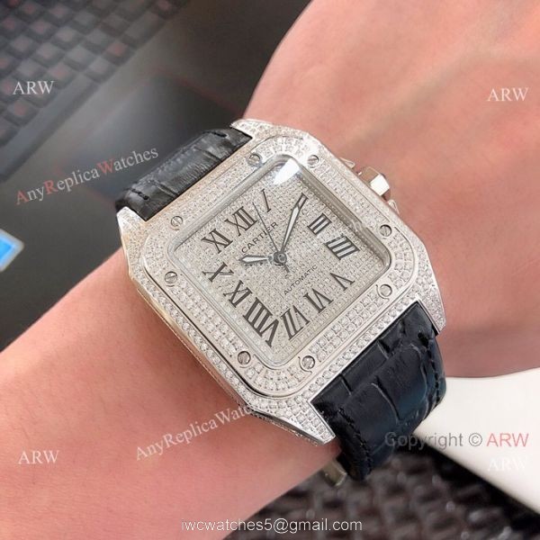 Cartier Santos 100 Diamond Replica Watch SS Full Diamond 2