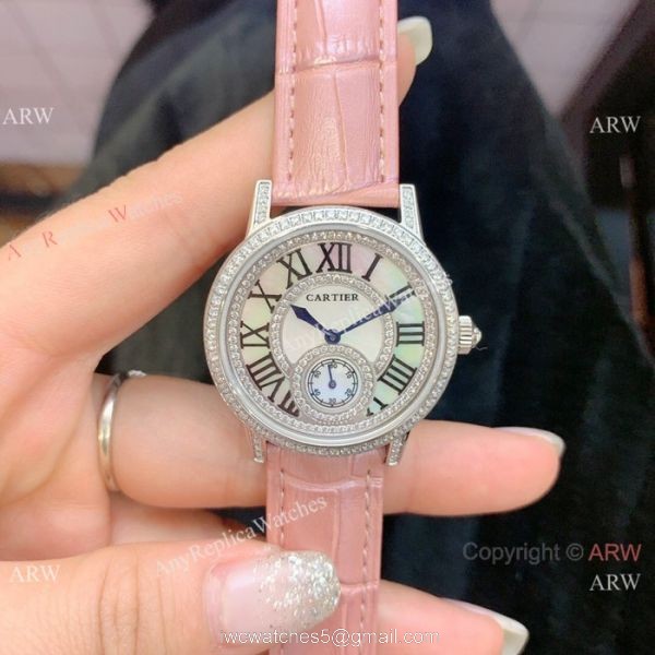 Fashion Cartier Watch Lady Diamond Bezel Black Leather Strap 2