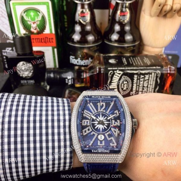 Swiss Copy Franck Muller Iced Out Rose Gold Blue Dial Watch Vanguard Yachting V45 Collection 2