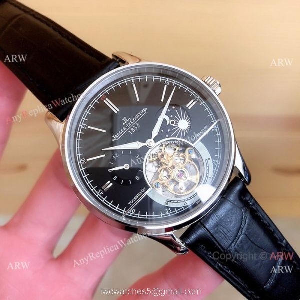 Fake Jaeger LeCoultre Master Tourbillon Moonphase Watch Black Leather Band 2