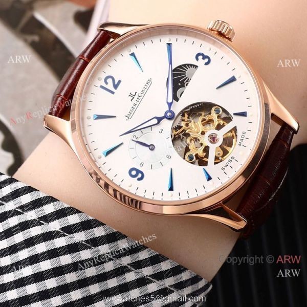 Fake Jaeger LeCoultre Tourbillon White Dial Black Leather Band Watch 42mm 2