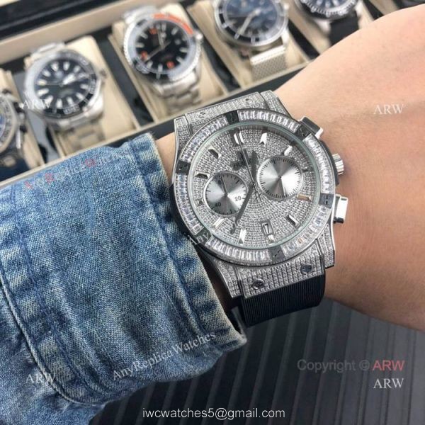 Iced Out Hublot Knock off Watches Classic Fusion SS Black Rubber Strap 2