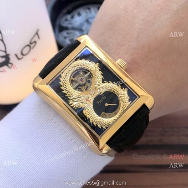 2019 Copy Piaget Black Tie Dragon watches Gold Case Brown Strap 2