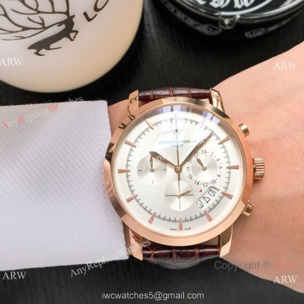 Best Copy Vacheron Constantin Chronograph Watch Silver Dial Black Leather strap 2
