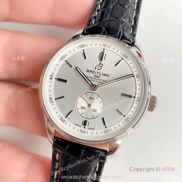 Swiss ETA Breitling Premier Replica Watch Silver Dial Black Leather Strap 2