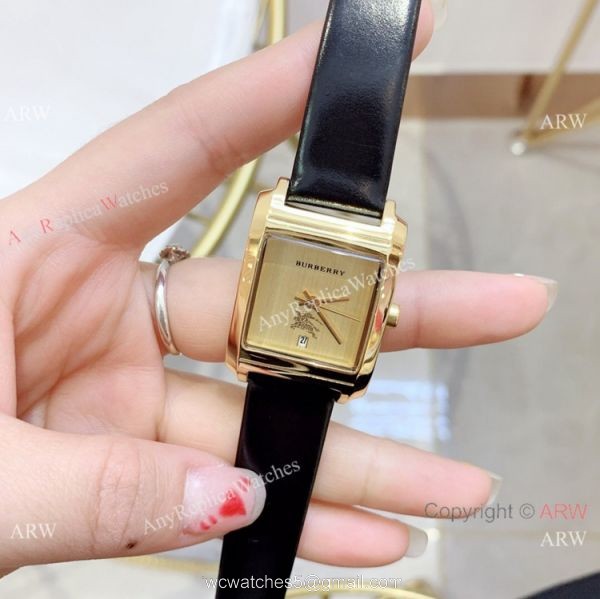 Copy Burberry 25mm women Watches Gold Case Black Leather Band 2
