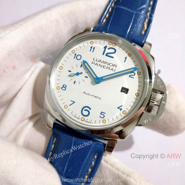 Copy Panerai Luminor Due PAM906 42mm Watch SS Blue Leather Strap 2