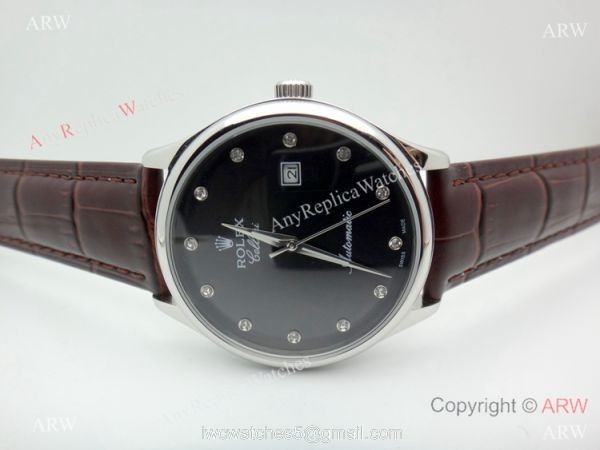 Buy Copy Rolex Geneve Cellini Black Watch Brown Leather strap 2