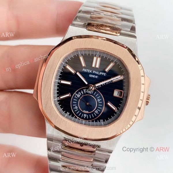 Swiss Grade One Copy Patek Philippe Nautilus watch 2-Tone Rose Gold Blue Dial 2