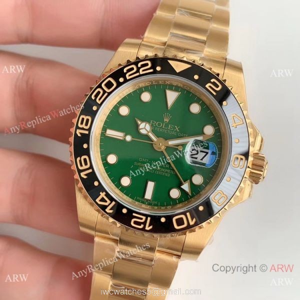 (EW) Replica Rolex GMT Master II Swiss ETA 2836 Yellow Gold Green Dial Watch 2
