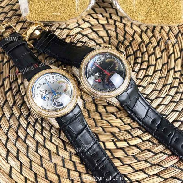 Replica Bubble Corum Watch Diamond Bezel Gold Case Silver Chronograph Dial 2