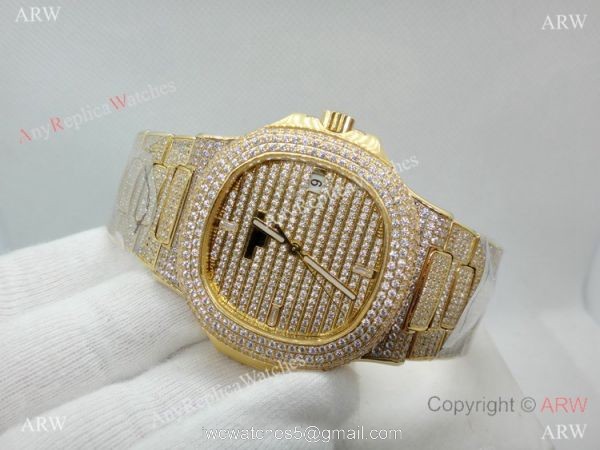 Swiss Replica Patek Philippe Nautilus Jumbo Gold Iced Out Watch 39.5mm 2