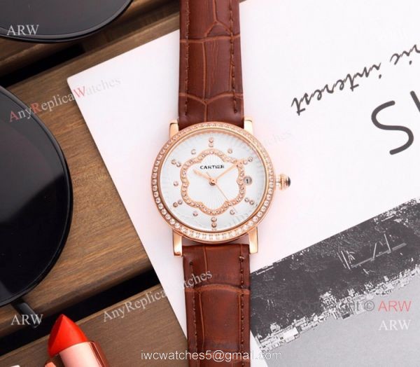 Copy Cartier Red Leather Strap Rose Gold Diamond Quartz Watch 35mm 2