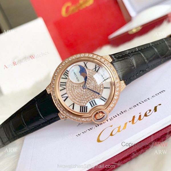 Ballon Bleu de Cartier 36mm Replica Watches Gold Diamond Green Leather Band 2