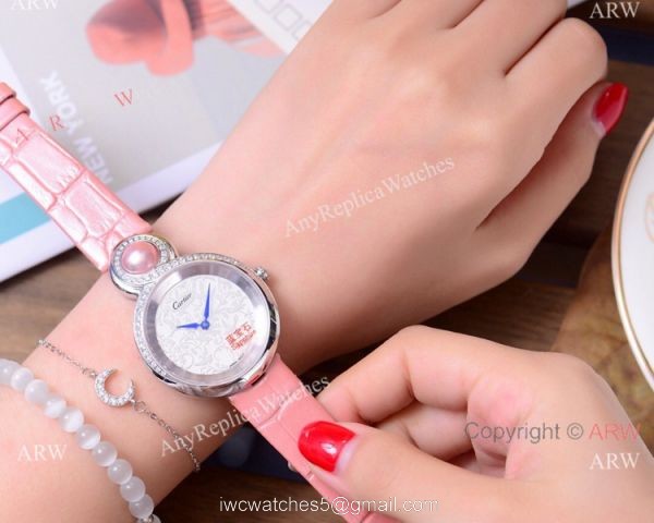 High Quality Copy Cartier Women watches Rose Gold Blue Leather Strap 2