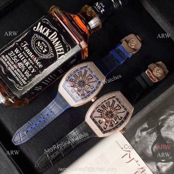 Swiss Quality Franck Muller Vanguard Yachting v45 Watch Rose Gold Diamond Blue Gummy strap 2