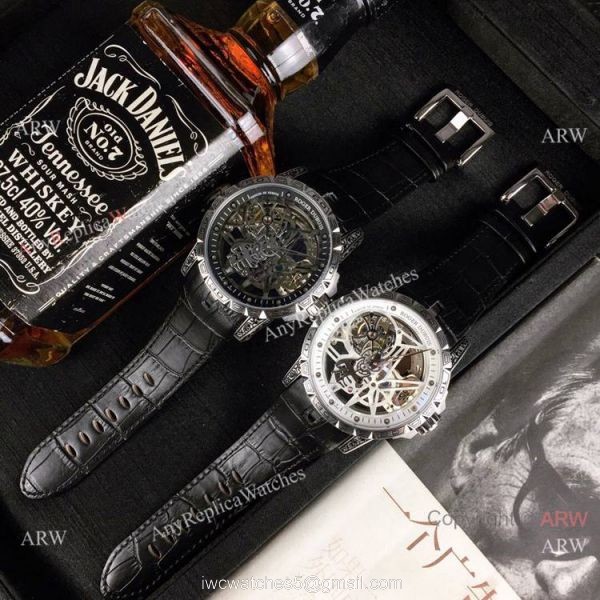 Copy Roger Dubuis Excalibur 46 Skeleton Men Watch SS Black Leather Strap 2