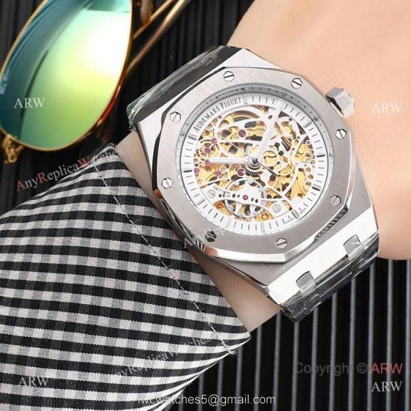 High Quality Fake AP Skeleton Royal Oak Rose Gold Black Dial Watch 2