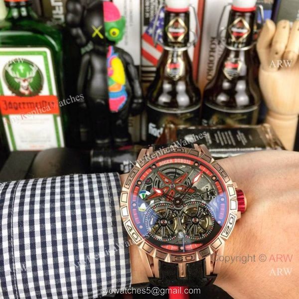 Best Replica Roger Dubuis Excalibur Double Tourbillon Watch Rose Gold Skeleton Face 2