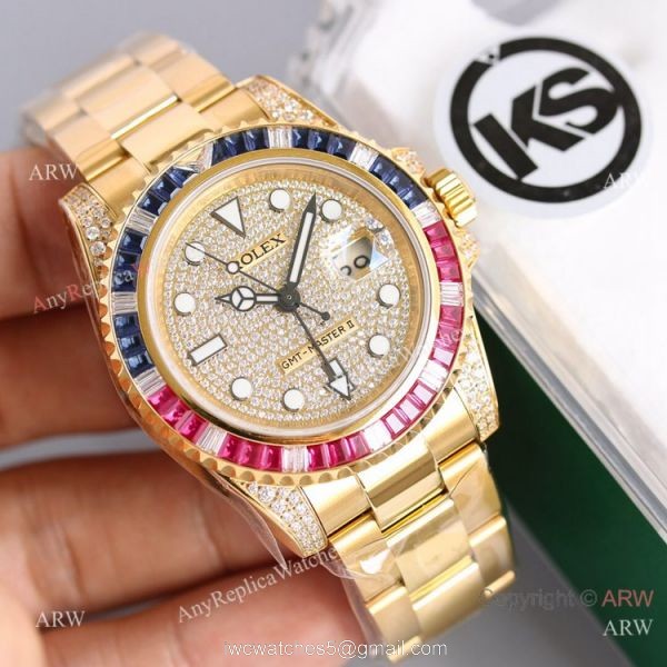 Swiss Grade 1 Replica Rolex GMT Master 2 Rainbow Yellow Gold Watch KSF Eta2836 2