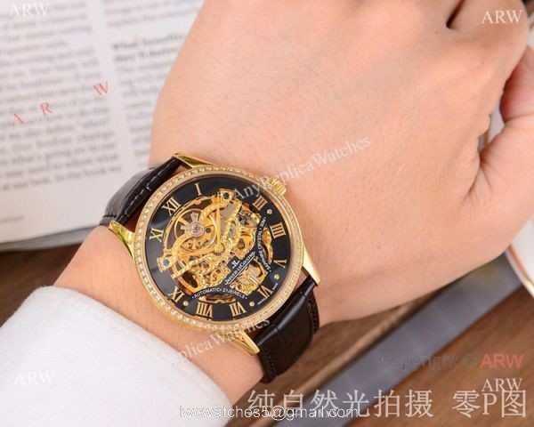 Copy Jaeger-LeCoultre Skeleton Watch Gold Case Diamond Bezel 2