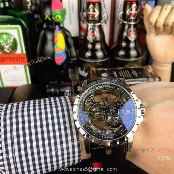 Copy Roger Dubuis Excalibur Flying Tourbillon Watches SS Gray Leather Strap 2