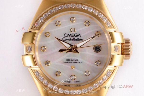 Swiss Replica Omega Constellation 27mm Watch Yellow Gold Pink MOP Dial 2