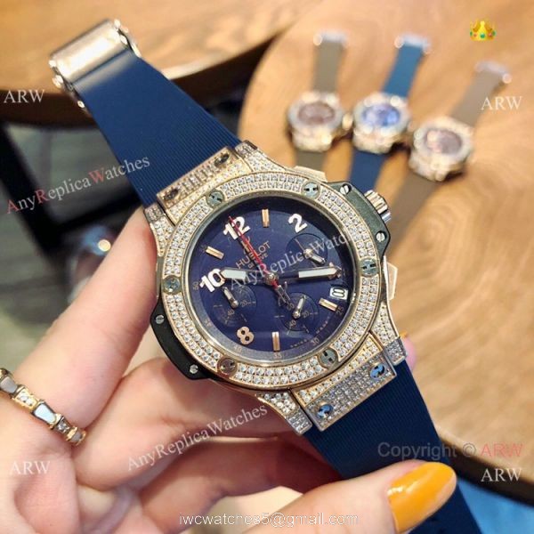 Copy Hublot Big Bang Rose Gold Diamond Blue Dial Watches 2