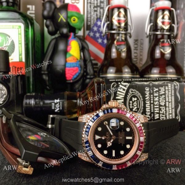 New Rolex Submariner Rose Gold Rubber Strap Watch Rainbow Bezel 2
