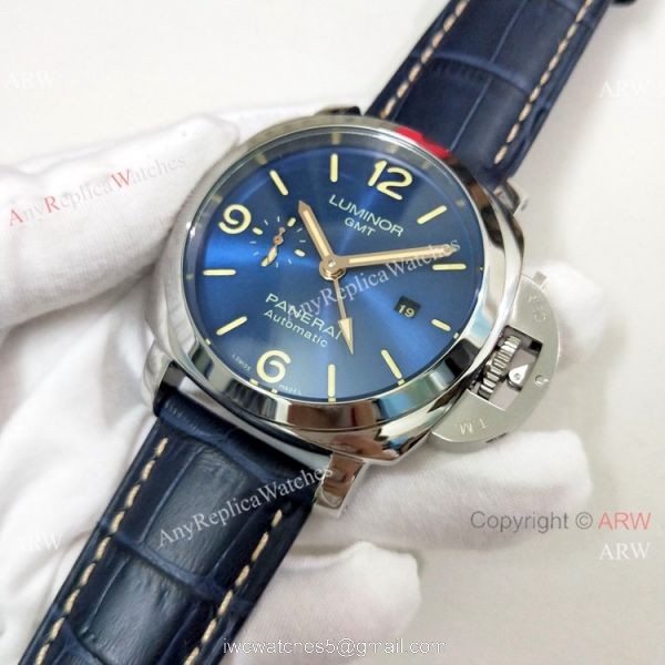 High Quality Panerai Luminor GMT PAM00320 Watch Blue Dial Blue Leather Strap 2