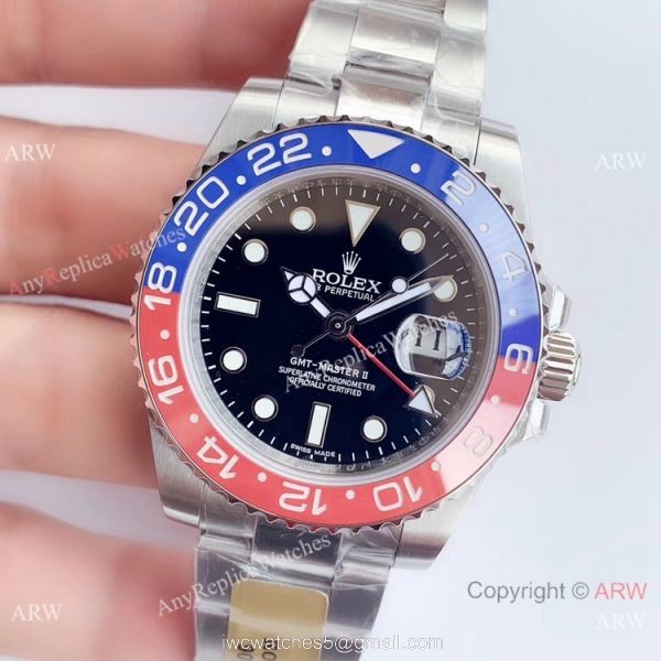 UN factory/904L/Swiss 3285 Rolex Gmt Master II Pepsi Replica Watch Black Dial Oyster Band 2