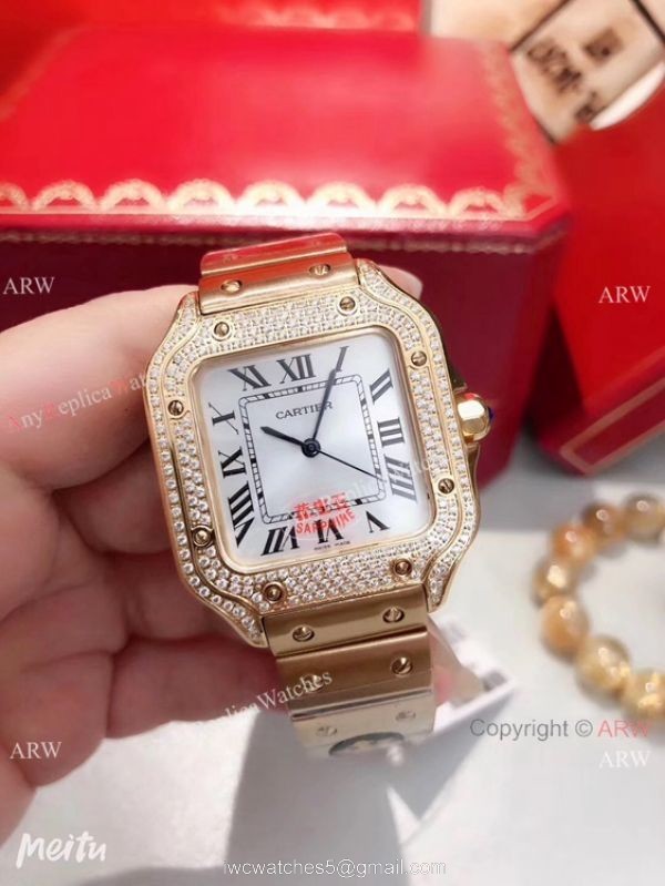 Fake Cartier Santos 100 Diamond Watch Stainless Steel Silver Roman Dial 2