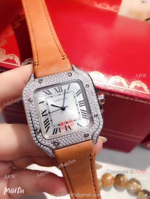 Cartier Santos 100 Diamond Replica Watch SS Diamond Case Blue Leather Strap 2