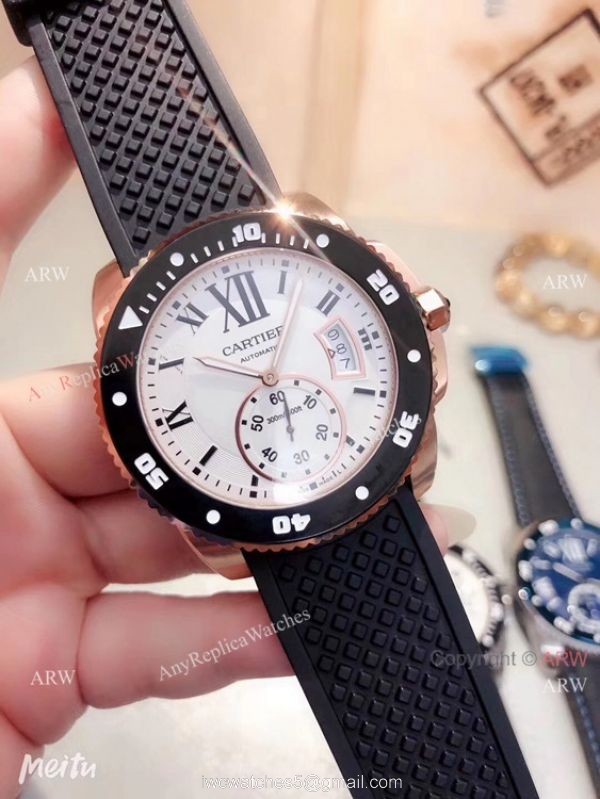 Copy Cartier Calibre De Diver Rose Gold Black Face Watches 2