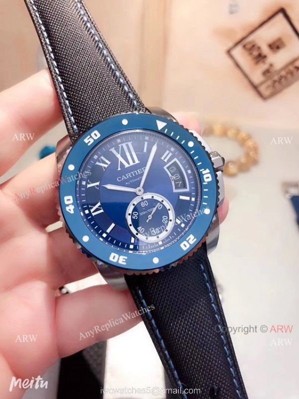 Copy Cartier Calibre De Diver SS Blue Rubber Strap Watch Low Price 2