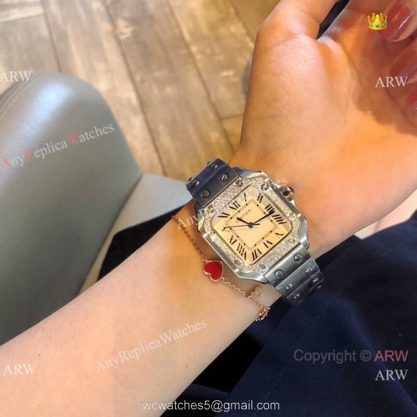 New Fake Cartier Santos 100 Diamond QUARTZ Watch Stainless Steel White Dial 2