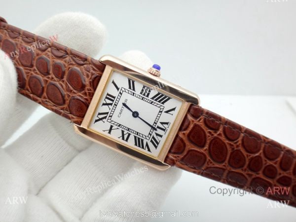 Replica Cartier Tank Solo Rose Gold Brown Leather Strap Watch 27mm 2