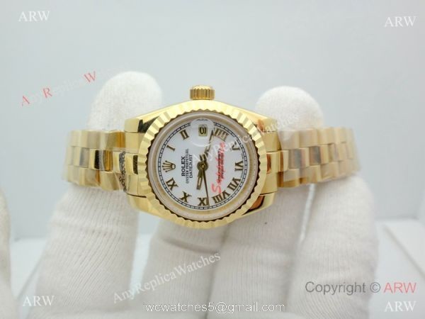 Copy Rolex Datejust Gold White Face Presidential Watch 26mm for Lady 2
