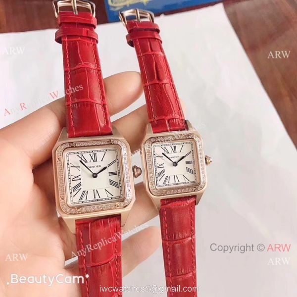 2019 New Cartier Santos Diamond Replica Watch Black Leather Strap Gold Bezel 2