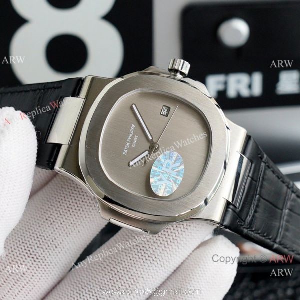 New! Copy Patek Philippe Nautilus Onyx Dial Leather Strap Watch 2