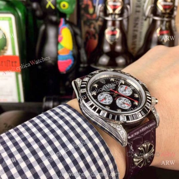 Rolex Daytona Rainbow Replica Automatic Watch Black Dial Purple Leather Strap 2