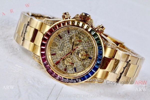 42mm Rolex Daytona Rainbow Replica Watch Gold Case Diamond Dial 2